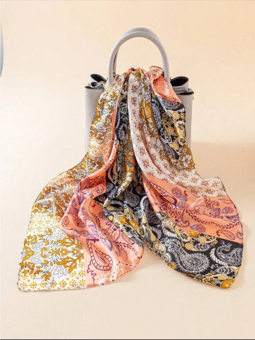 Boho Paisley Silk Square Scarf in Peach, Mustard & Black | Hair/Bag/Pashima